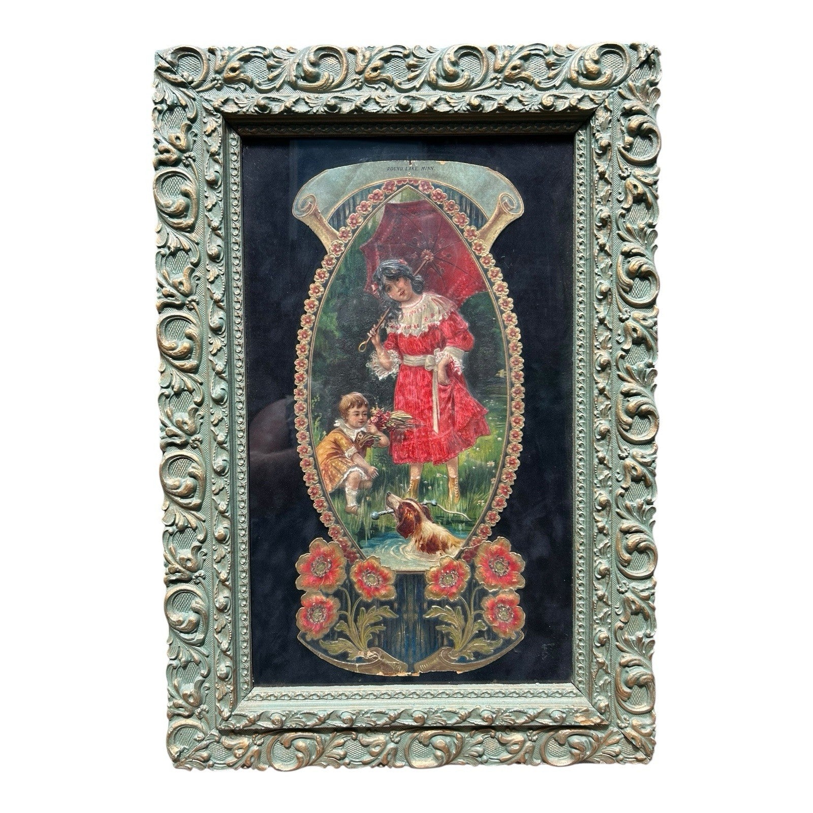 Antique Framed German Made 3D Advertising for Round Lake MN Minnesota