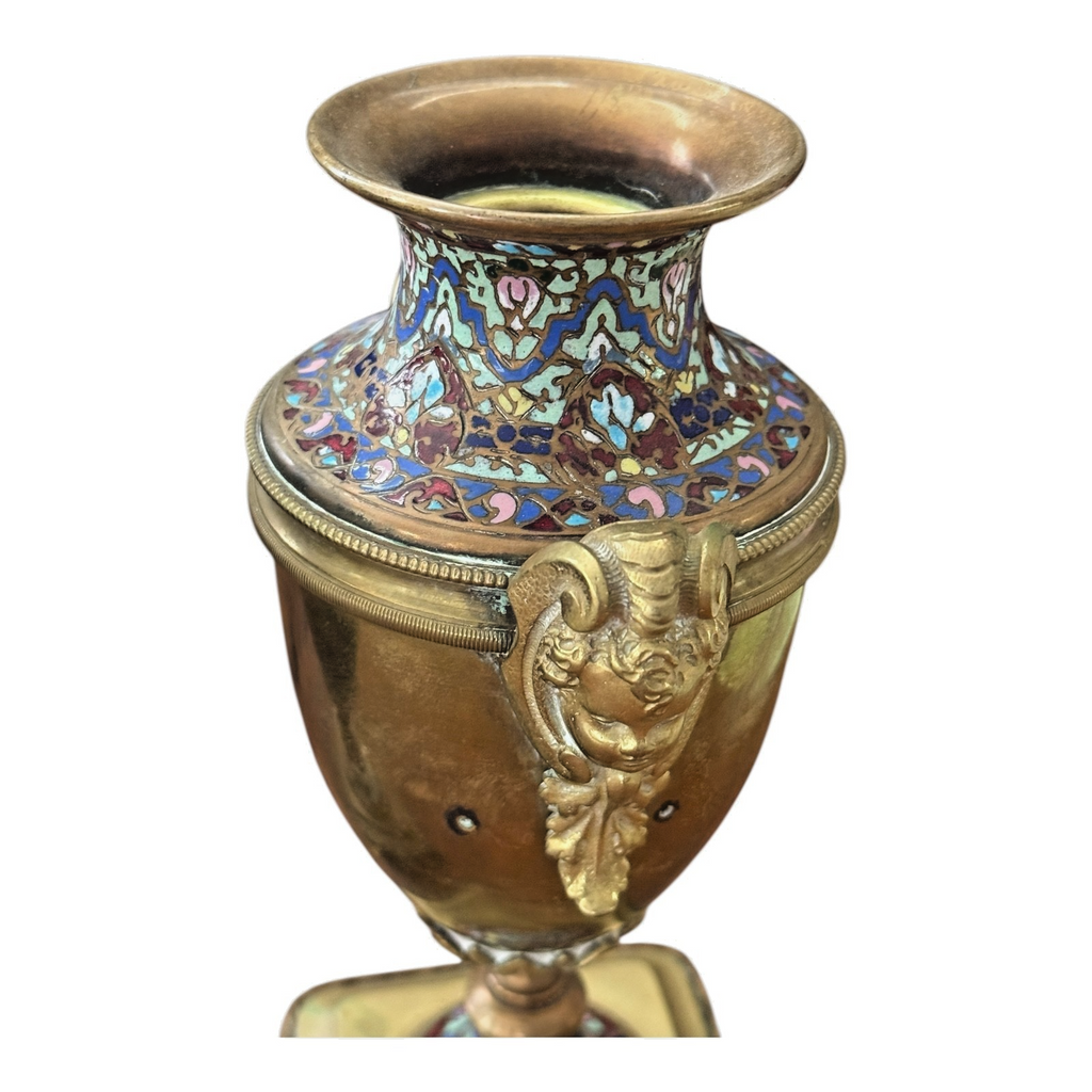 Antique Pair of Neoclassical Bronze & Cloisonné Mantel Urns or Vases