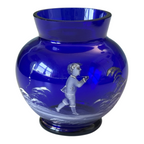 Antique Bohemian Mary Gregory Etched Cobalt Blue Miniature Art Glass Vase