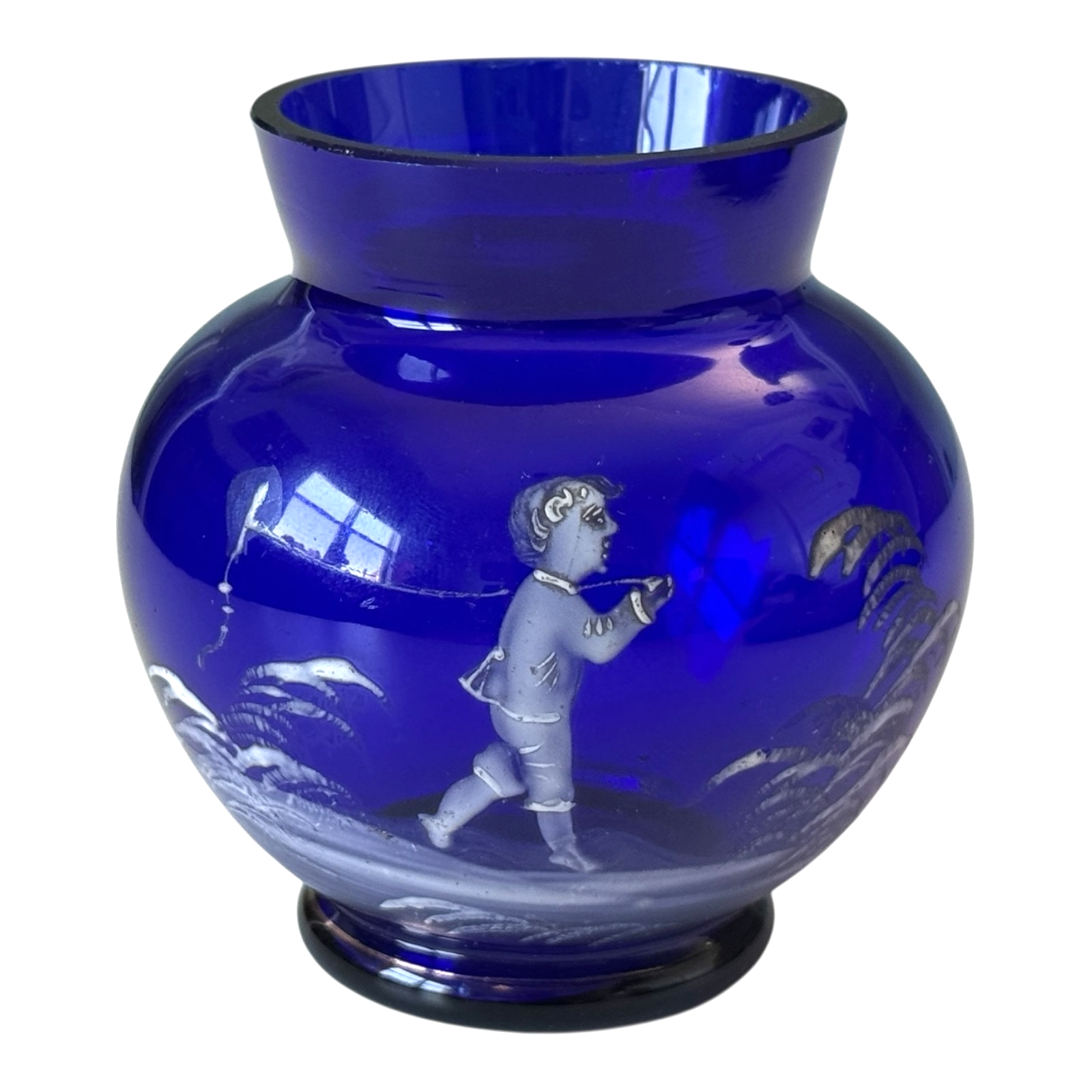 Antique Bohemian Mary Gregory Etched Cobalt Blue Miniature Art Glass Vase