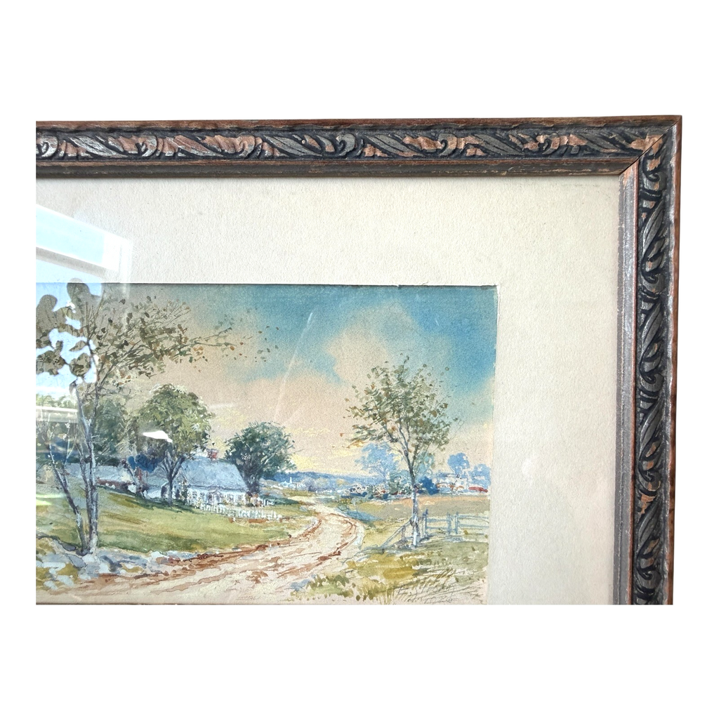 Antique 1926 Gouache Farmhouse Landscape Painting on Paper - Signed & Framed