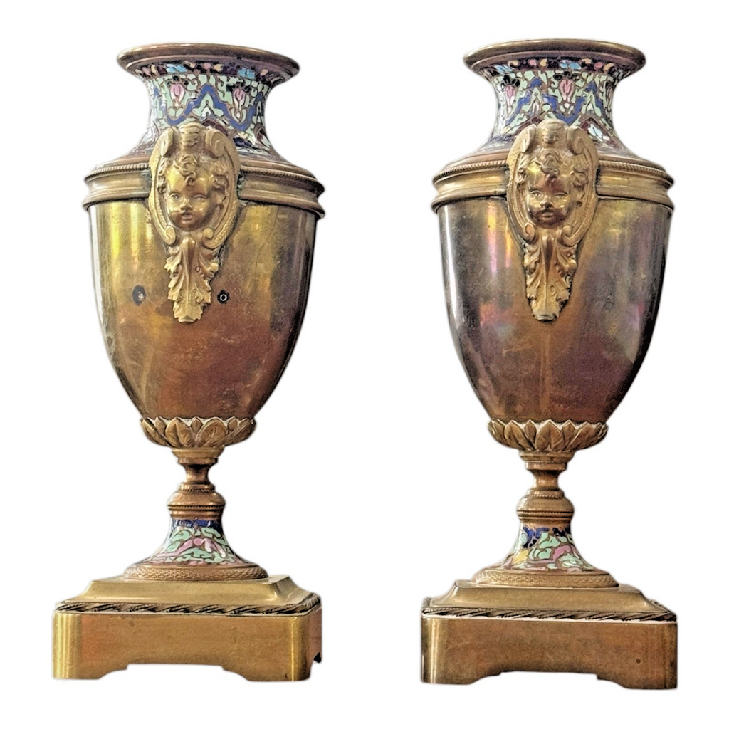 Antique Pair of Neoclassical Bronze & Cloisonné Mantel Urns or Vases