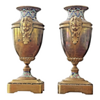Antique Pair of Neoclassical Bronze & Cloisonné Mantel Urns or Vases