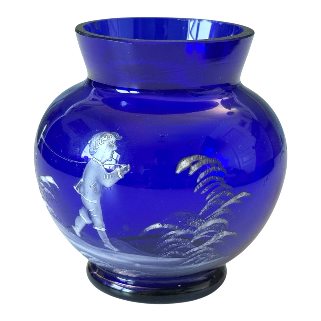 Antique Bohemian Mary Gregory Etched Cobalt Blue Miniature Art Glass Vase