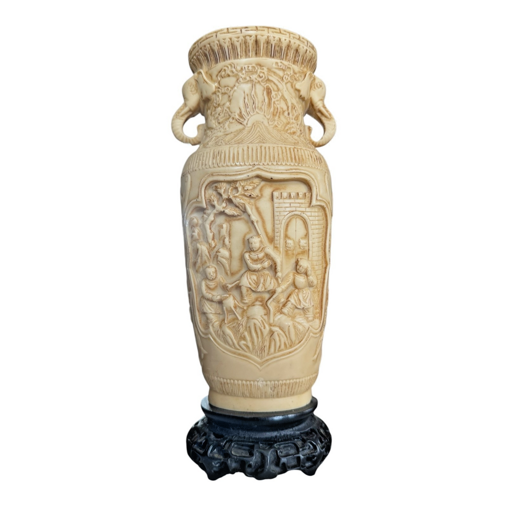 Vintage Asian Chinese Molded Composition Urn Vase with Elephant Handles
