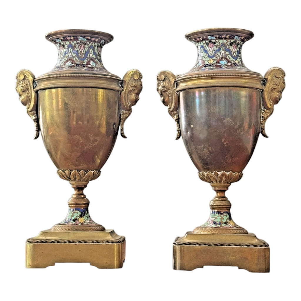 Antique Pair of Neoclassical Bronze & Cloisonné Mantel Urns or Vases