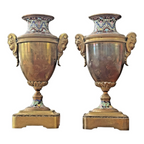 Antique Pair of Neoclassical Bronze & Cloisonné Mantel Urns or Vases