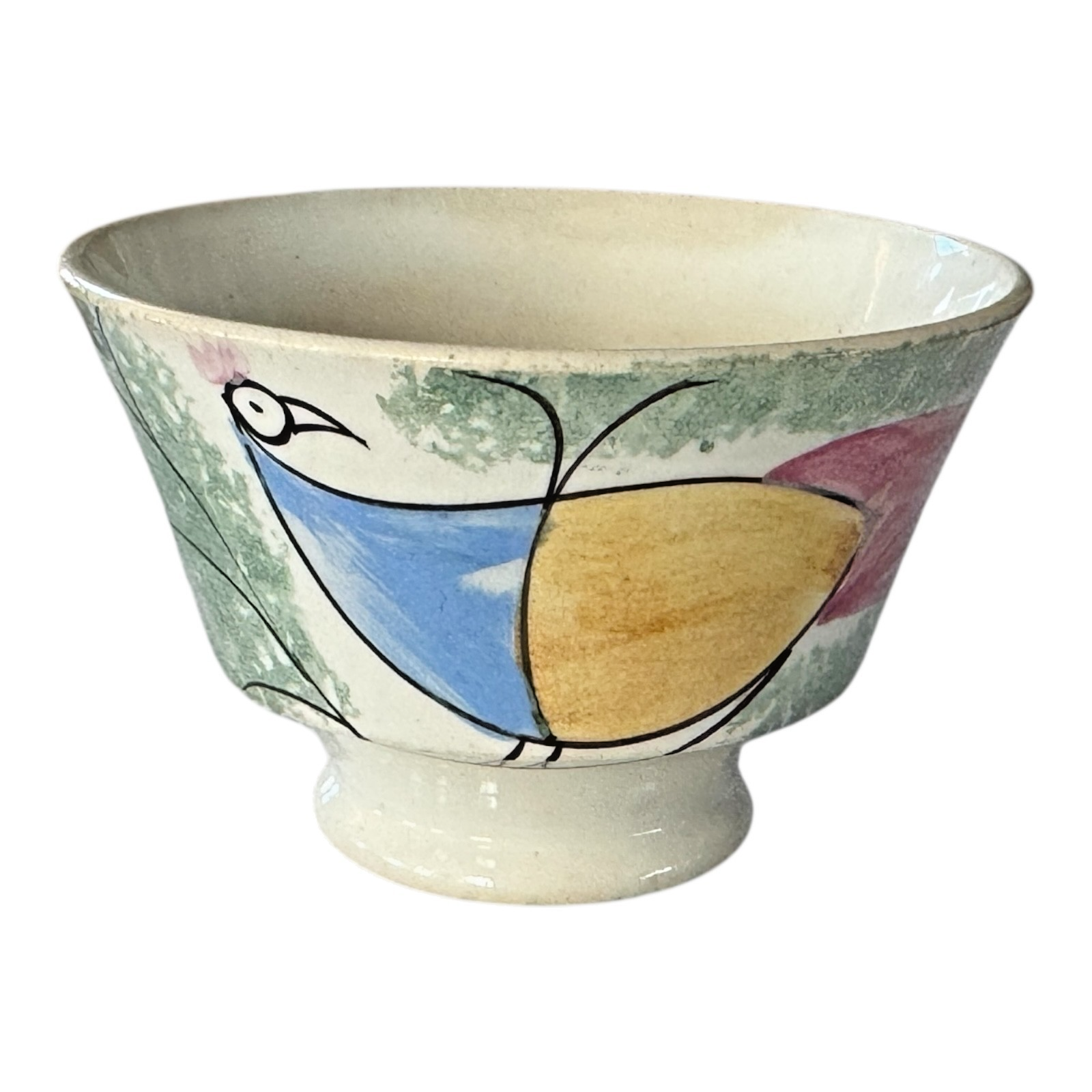 Antique Staffordshire Green Spatterware Spongeware Teacup - Peafowl Design