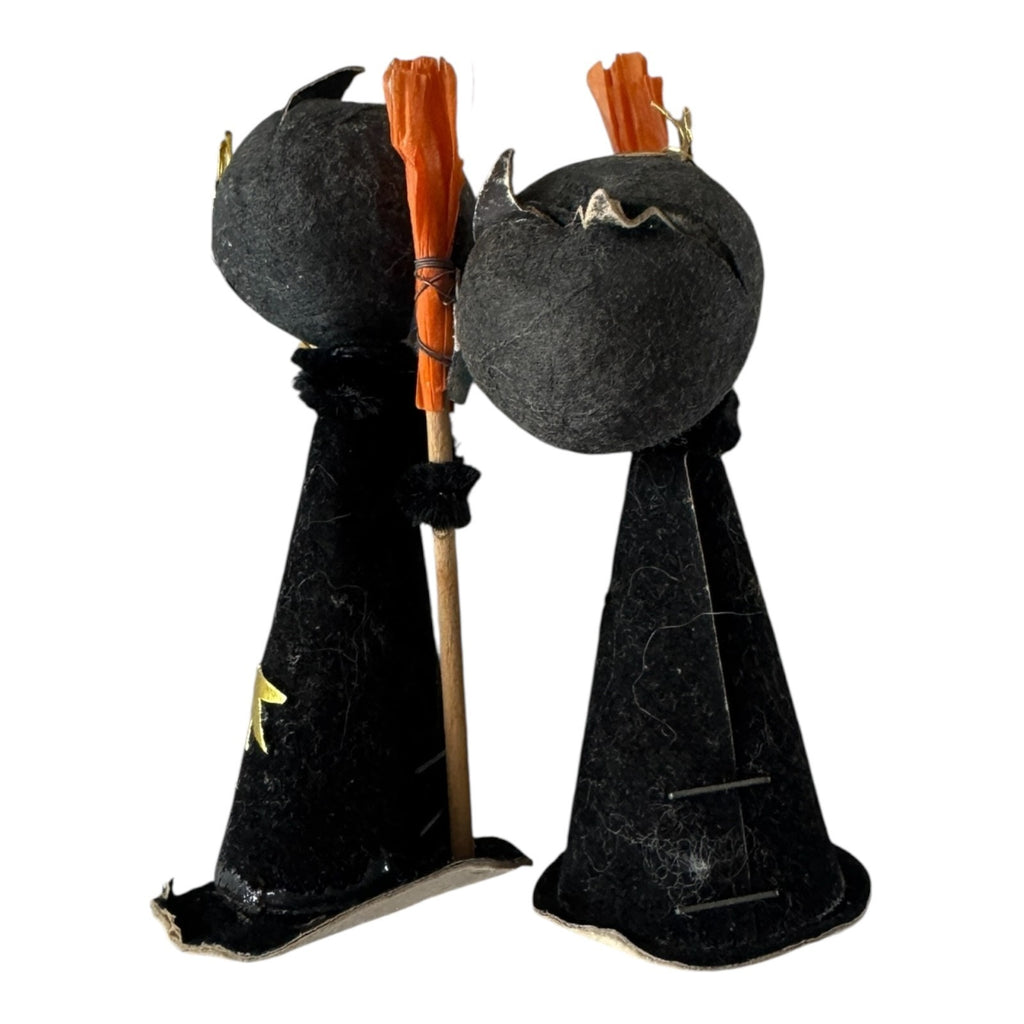 Vintage Japan Halloween Black Cat Figurines with Brooms (Set of 2)