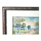 Antique 1926 Gouache Farmhouse Landscape Painting on Paper - Signed & Framed