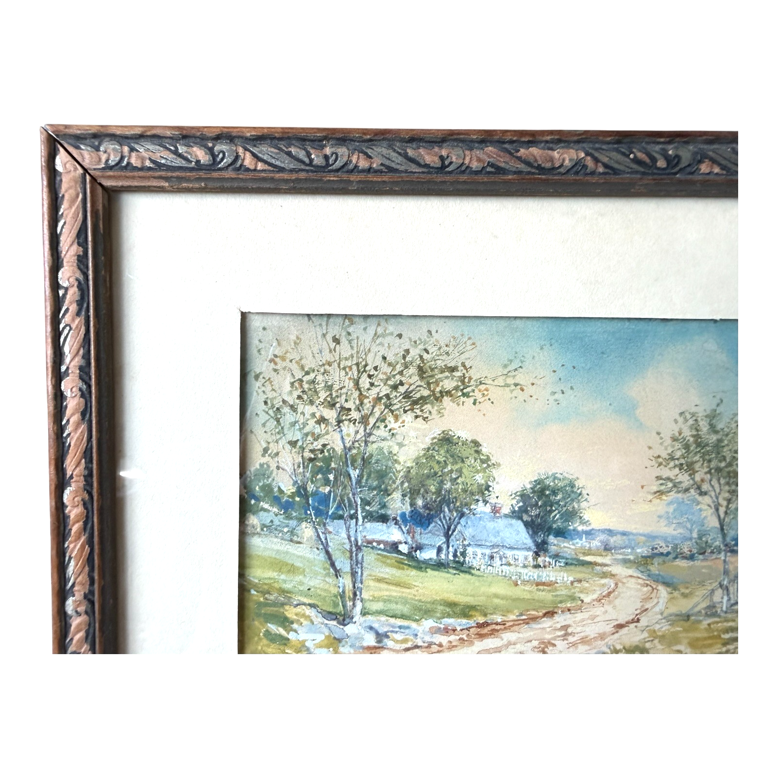 Antique 1926 Gouache Farmhouse Landscape Painting on Paper - Signed & Framed