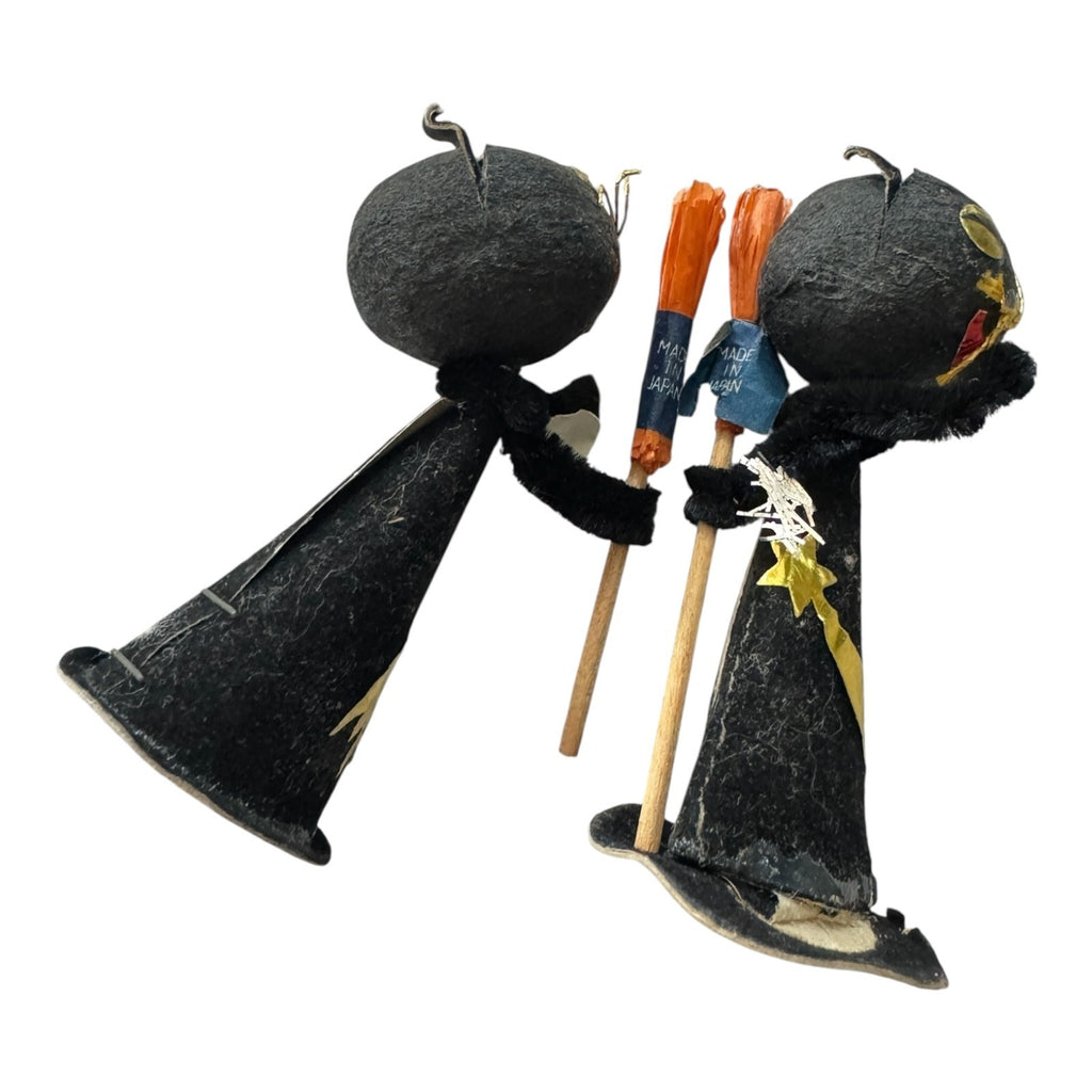 Vintage Japan Halloween Black Cat Figurines with Brooms (Set of 2)