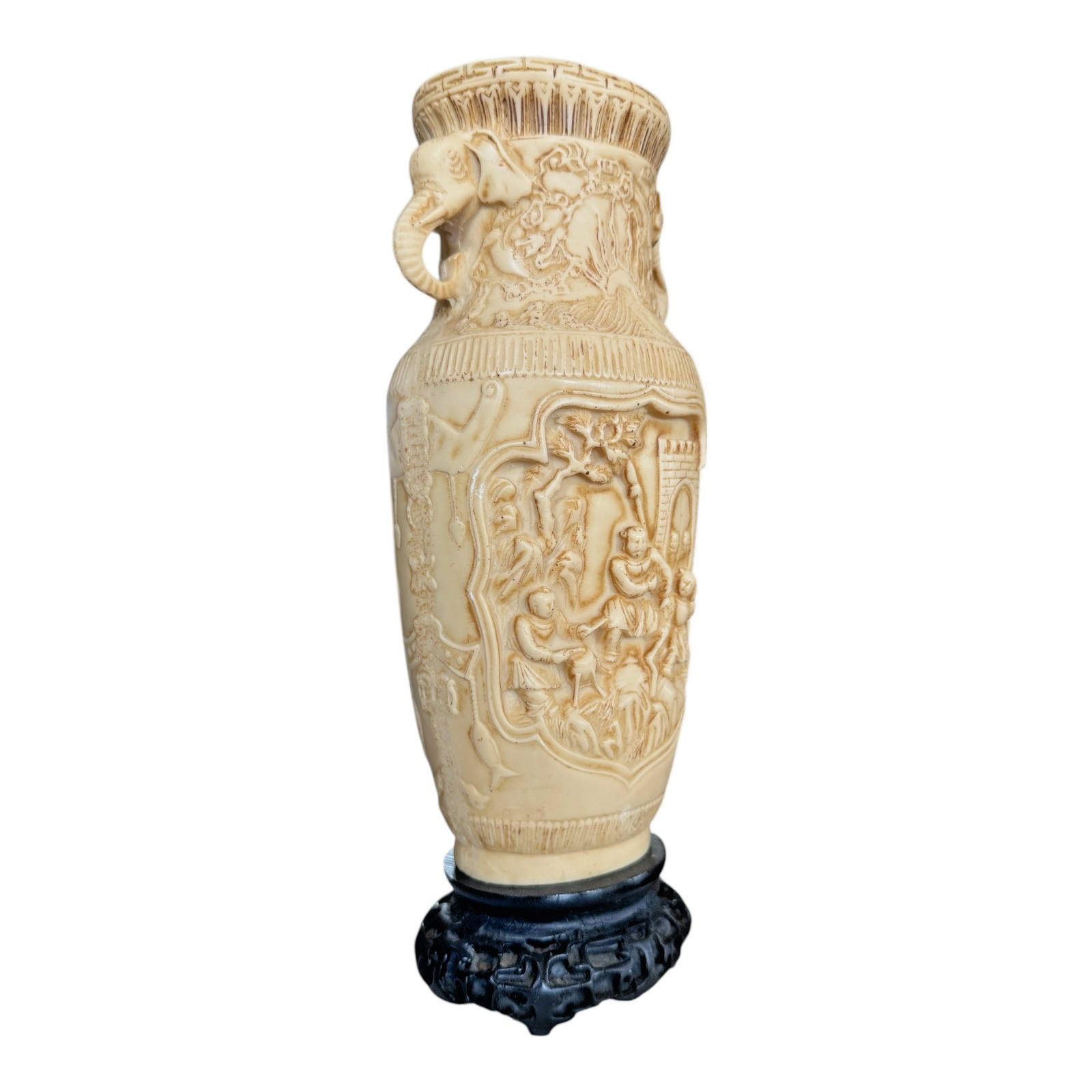 Vintage Asian Chinese Molded Composition Urn Vase with Elephant Handles