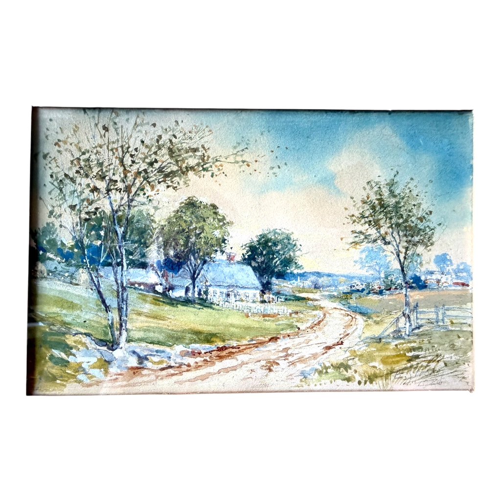 Antique 1926 Gouache Farmhouse Landscape Painting on Paper - Signed & Framed