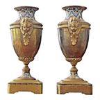 Antique Pair of Neoclassical Bronze & Cloisonné Mantel Urns or Vases