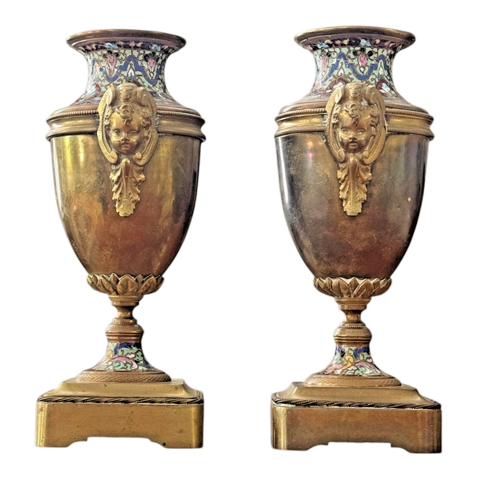 Antique Pair of Neoclassical Bronze & Cloisonné Mantel Urns or Vases
