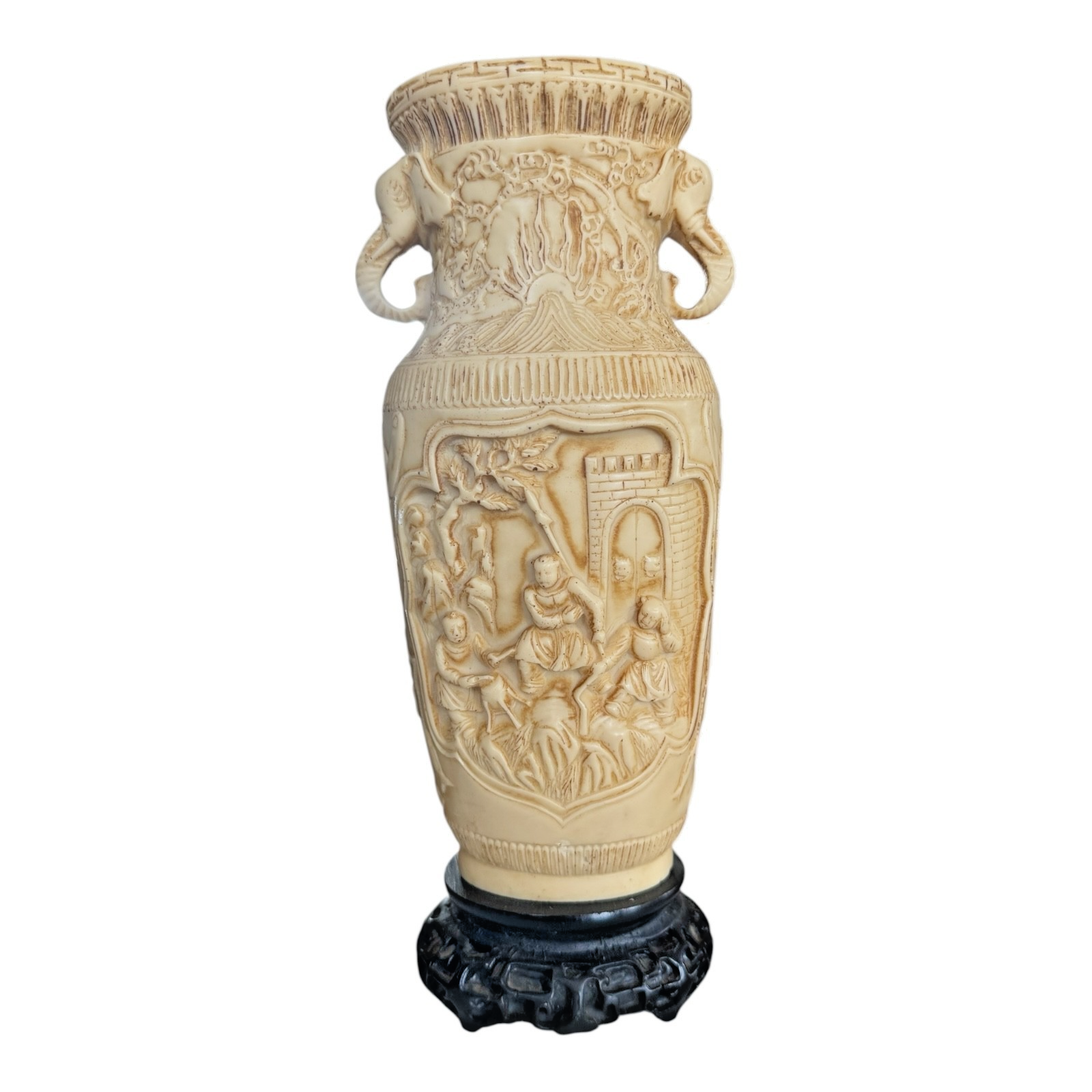 Vintage Asian Chinese Molded Composition Urn Vase with Elephant Handles