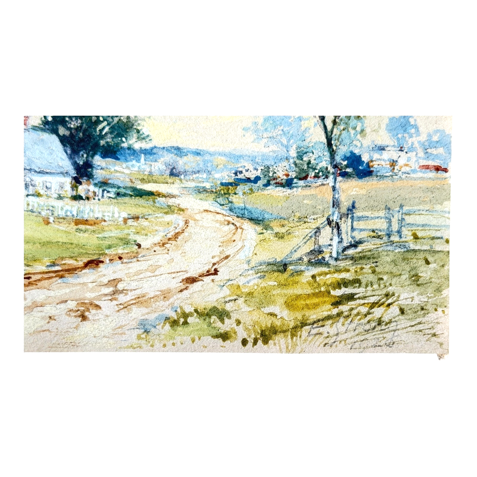 Antique 1926 Gouache Farmhouse Landscape Painting on Paper - Signed & Framed