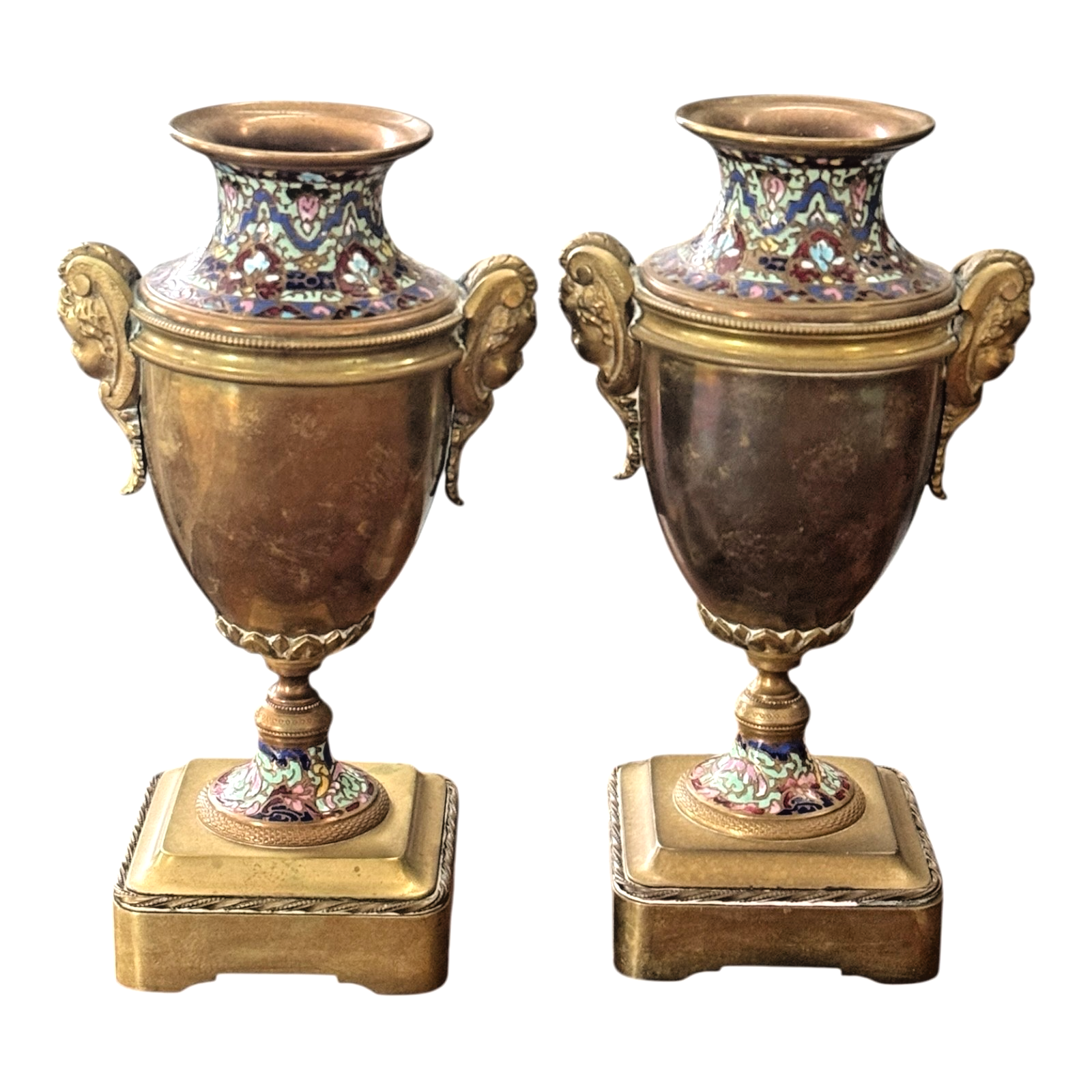 Antique Pair of Neoclassical Bronze & Cloisonné Mantel Urns or Vases