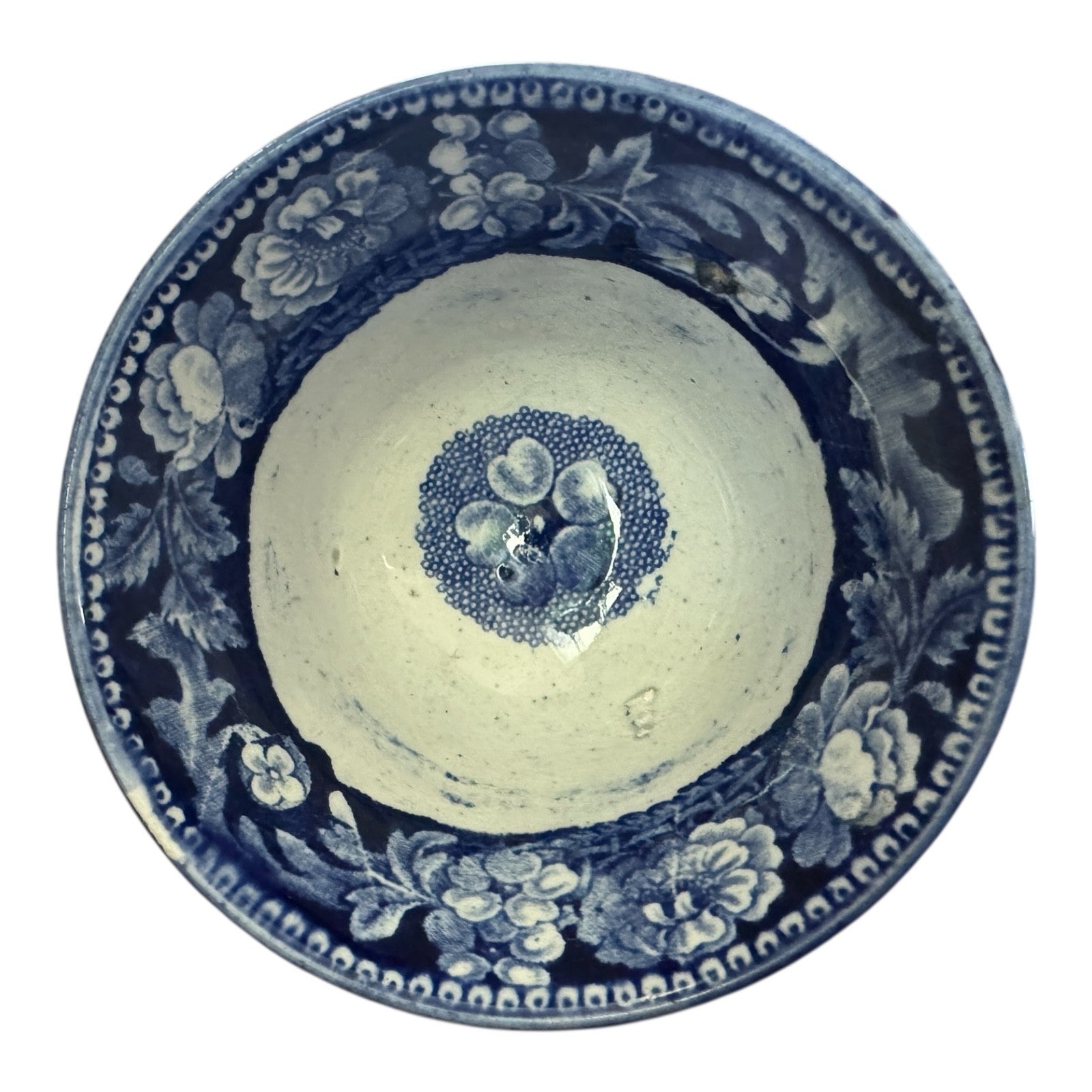 Antique Staffordshire Pottery Blue Transferware Teacup - Pastoral Scene