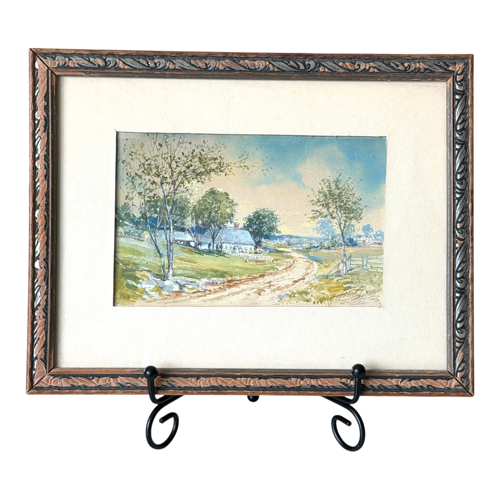 Antique 1926 Gouache Farmhouse Landscape Painting on Paper - Signed & Framed