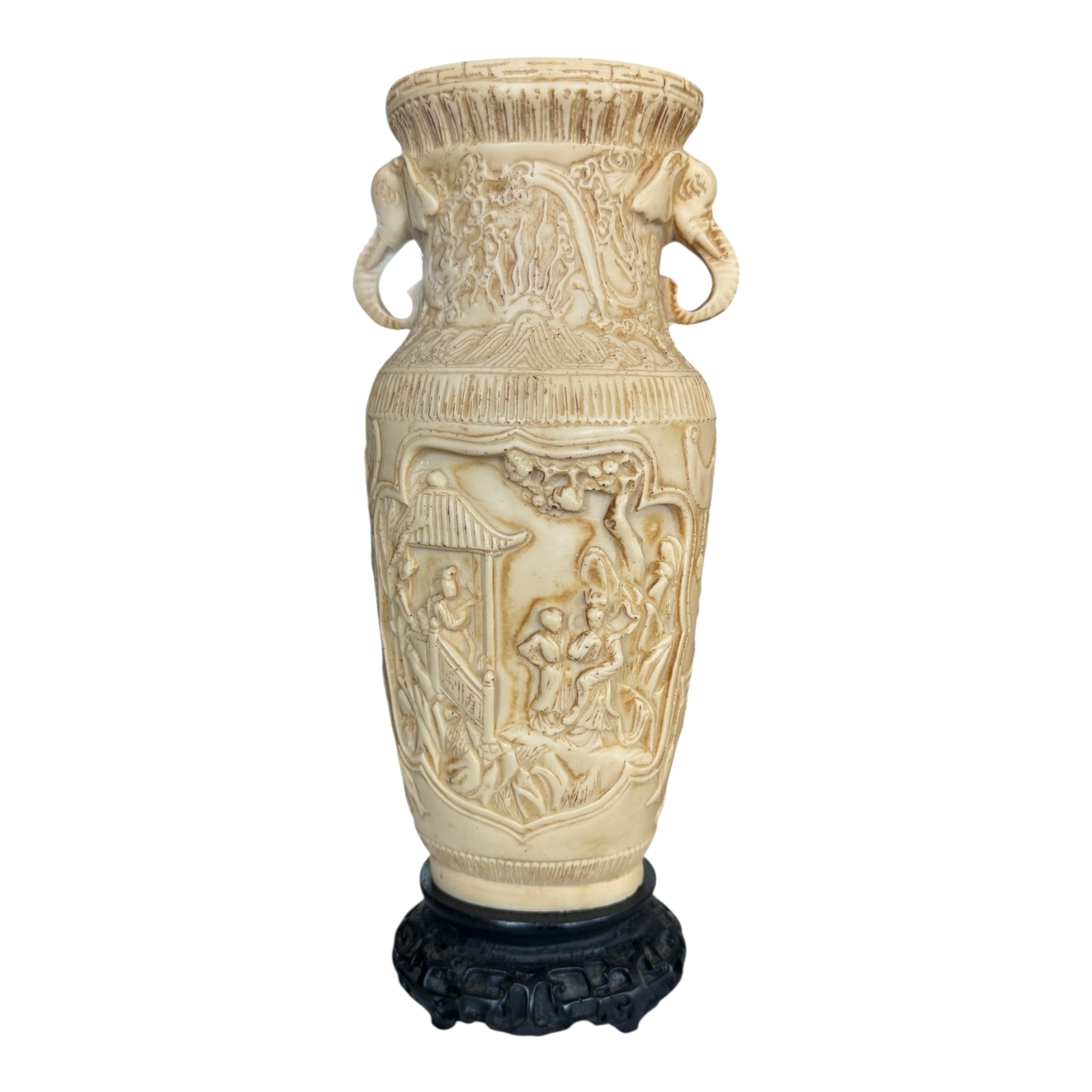 Vintage Asian Chinese Molded Composition Urn Vase with Elephant Handles