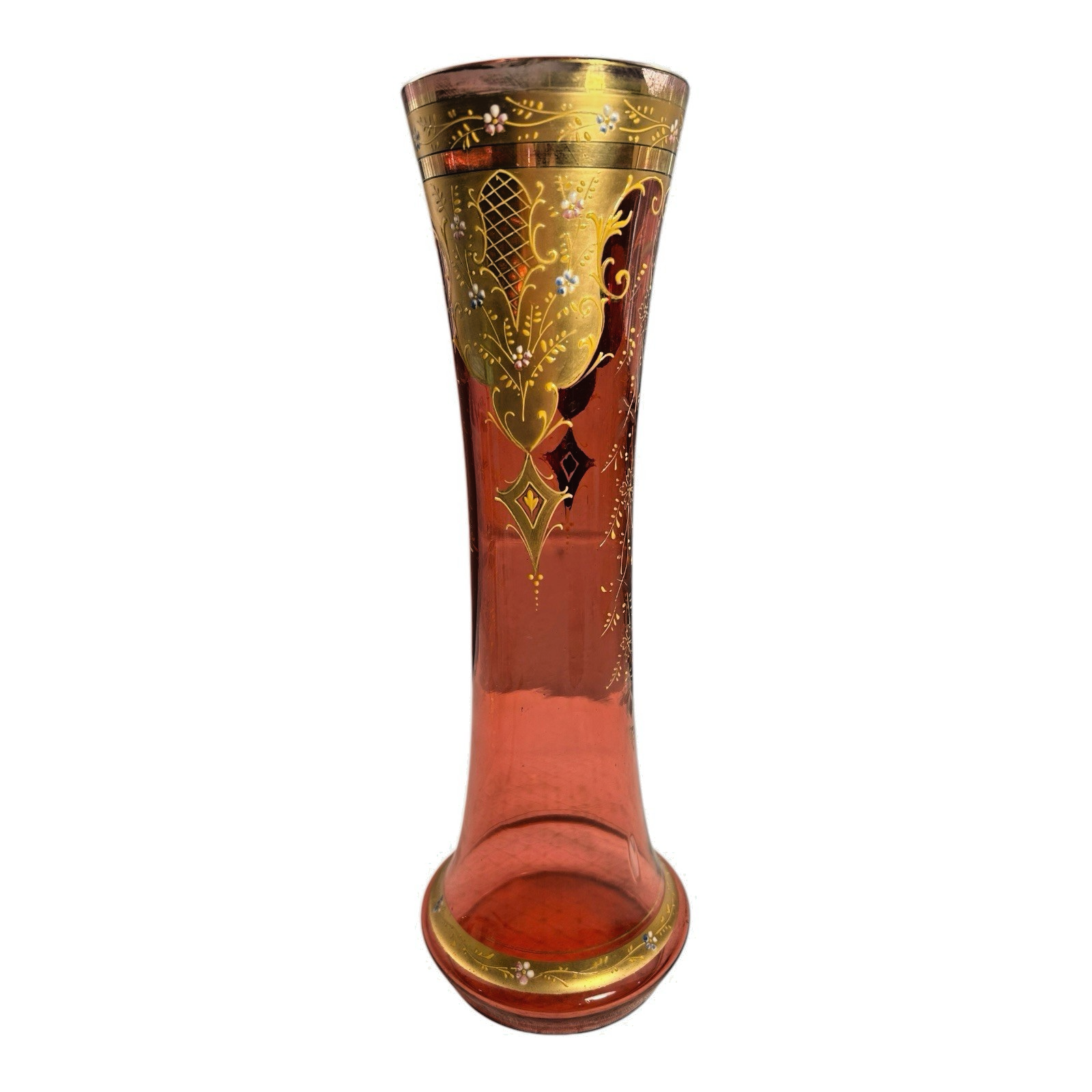 Antique Moser Cranberry Glass Vase with Gold Gilt Enamel Decoration - 13"