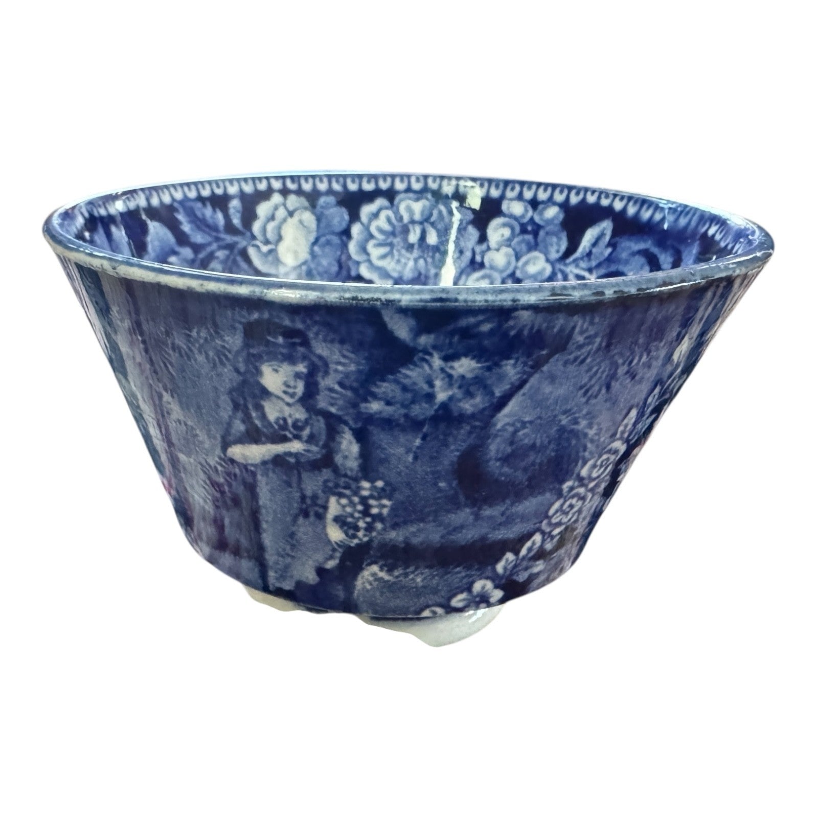 Antique Staffordshire Pottery Blue Transferware Teacup - Pastoral Scene