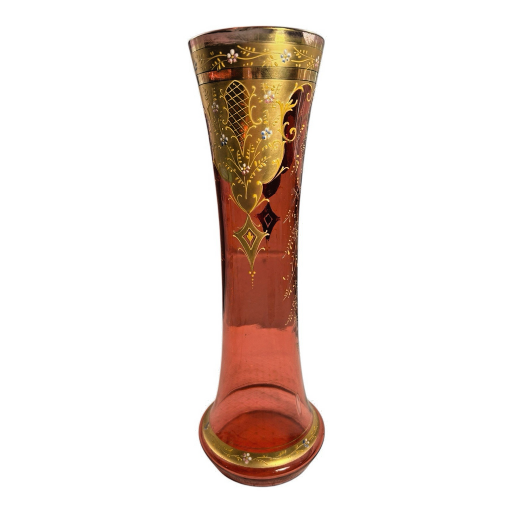 Antique Moser Cranberry Glass Vase with Gold Gilt Enamel Decoration - 13"