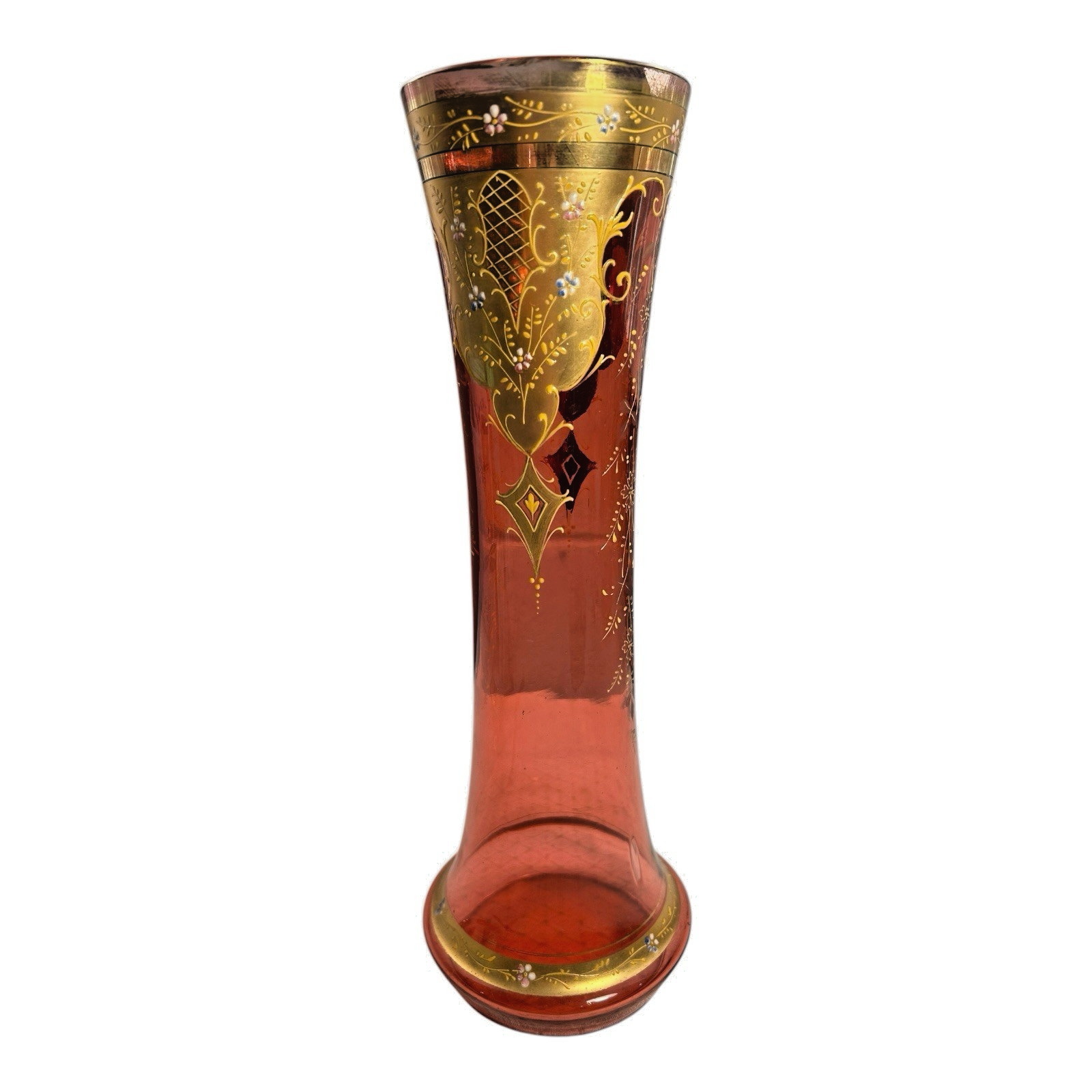 Antique Moser Cranberry Glass Vase with Gold Gilt Enamel Decoration - 13"