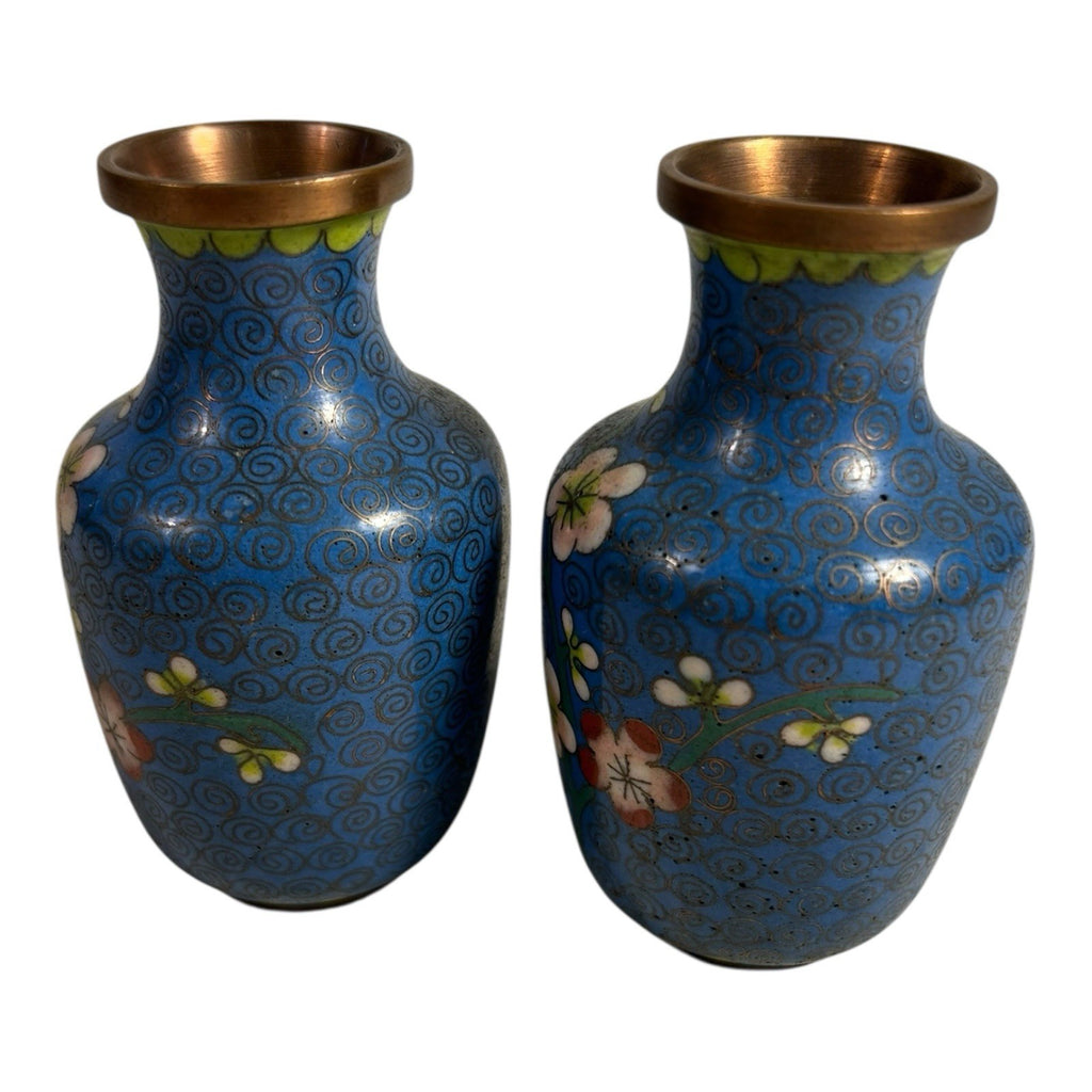 Antique Chinese Brass Cloisonne Blue Painted Floral Vases - Set of Two