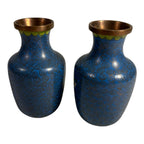 Antique Chinese Brass Cloisonne Blue Painted Floral Vases - Set of Two