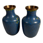 Antique Chinese Brass Cloisonne Blue Painted Floral Vases - Set of Two