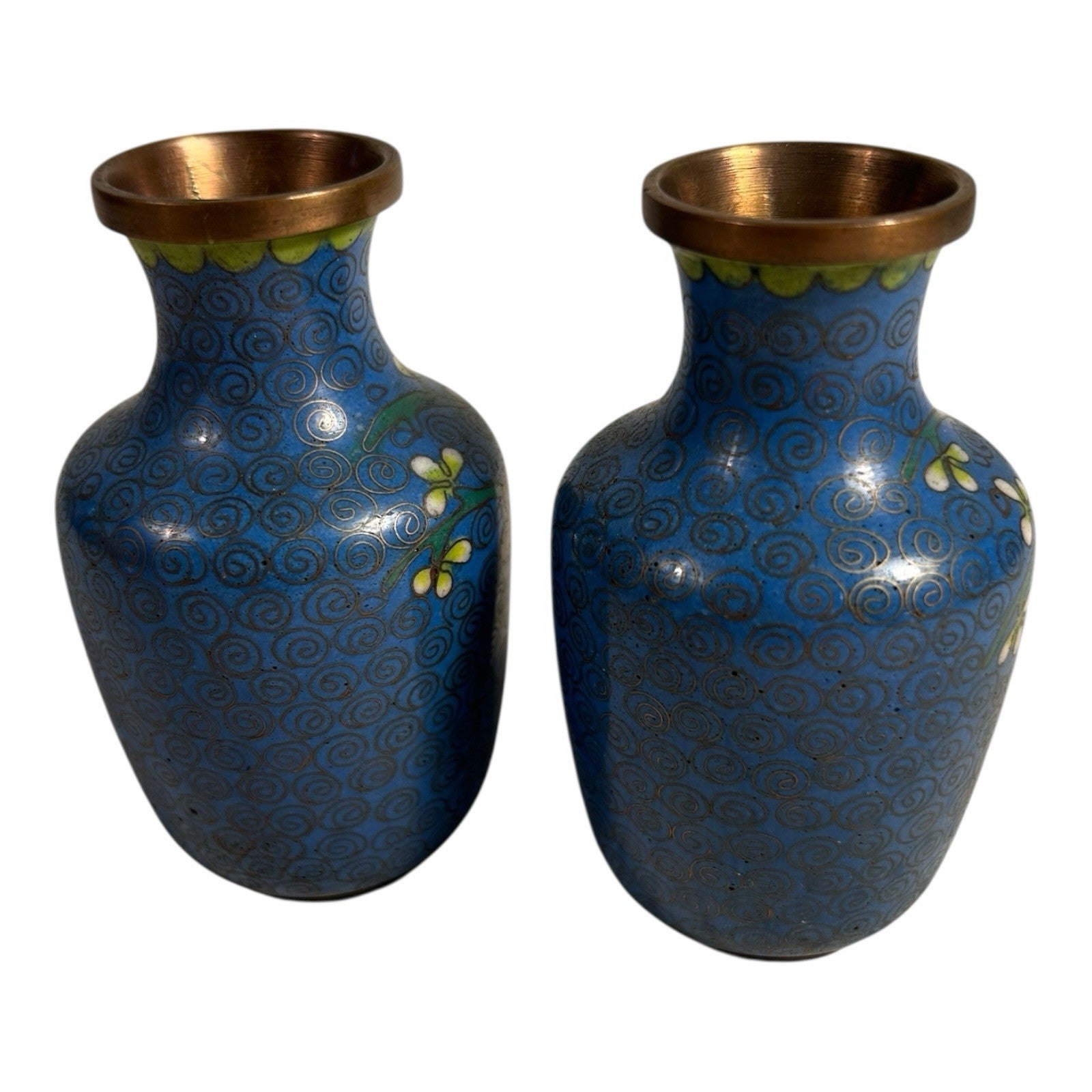 Antique Chinese Brass Cloisonne Blue Painted Floral Vases - Set of Two
