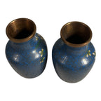 Antique Chinese Brass Cloisonne Blue Painted Floral Vases - Set of Two