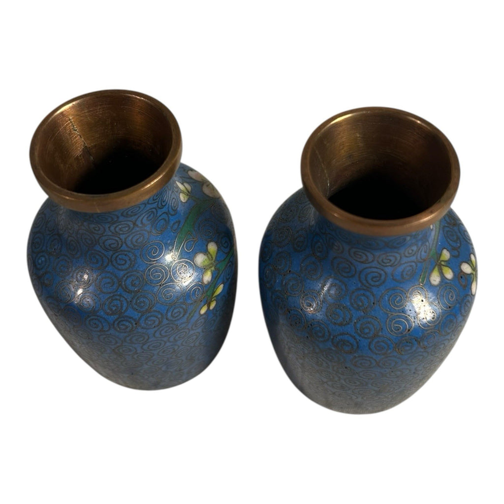 Antique Chinese Brass Cloisonne Blue Painted Floral Vases - Set of Two