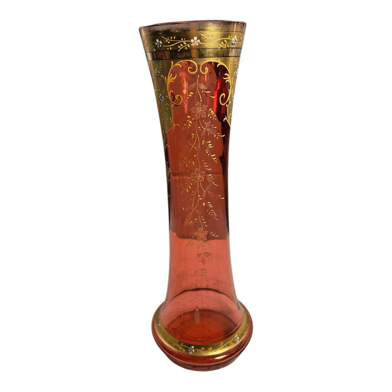 Antique Moser Cranberry Glass Vase with Gold Gilt Enamel Decoration - 13"