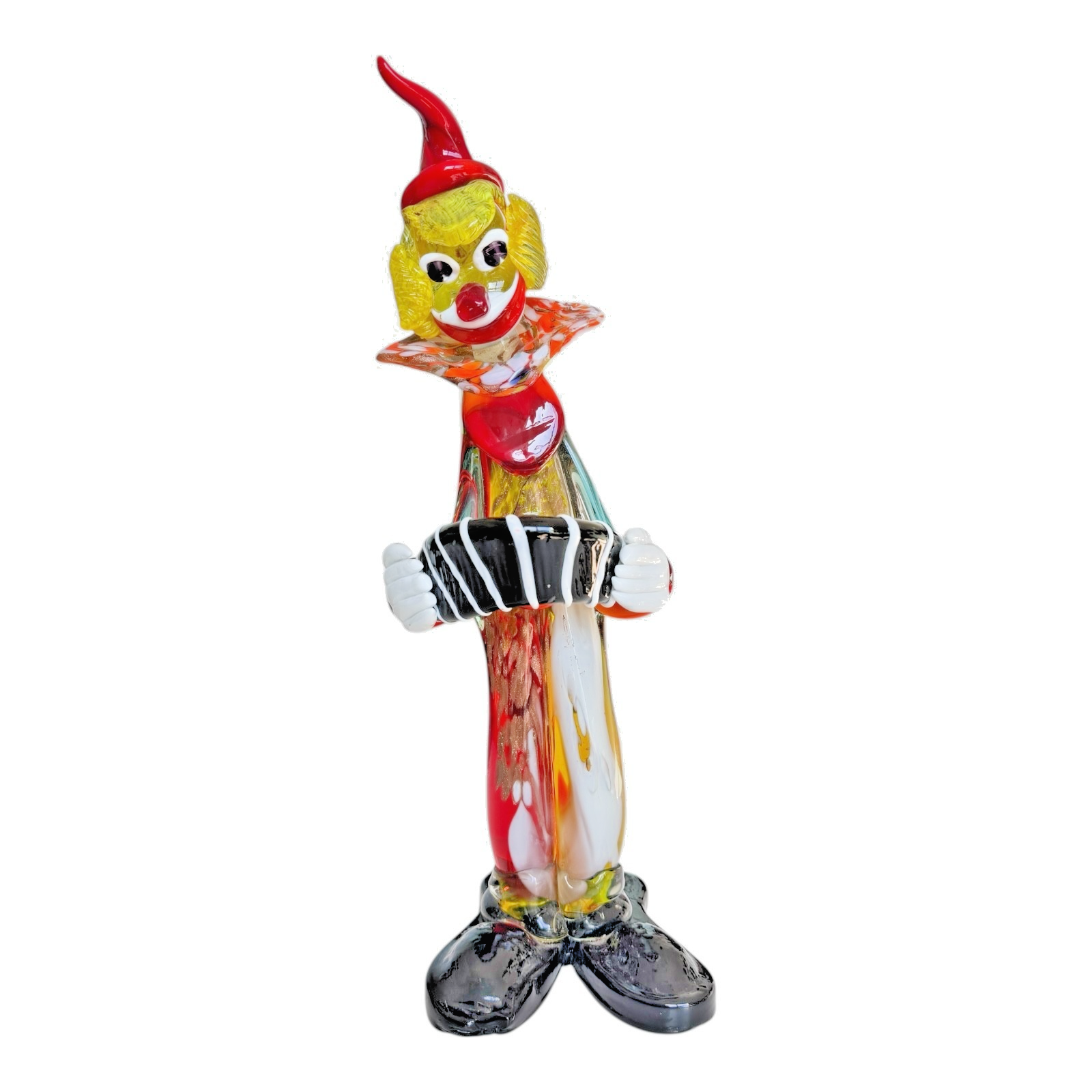 Vintage Large Murano Hand Blown Art Glass Clown Accordion Figurine, 17.5"