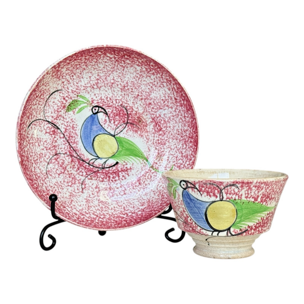 Antique Staffordshire Red Peafowl Spatterware Spongeware Miniature Cup & Saucer