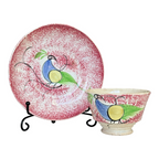 Antique Staffordshire Red Peafowl Spatterware Spongeware Miniature Cup & Saucer