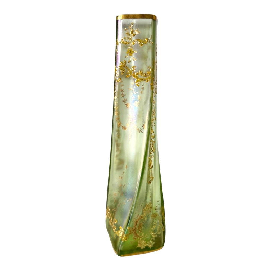 Antique Czech Bohemian Twisted Opalescent Glass Vase - Gold Gilt & Enameled