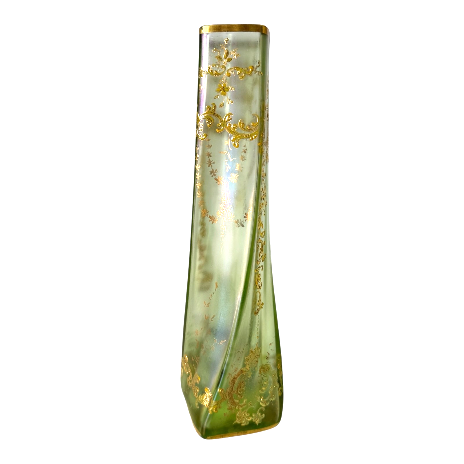 Antique Czech Bohemian Twisted Opalescent Glass Vase - Gold Gilt & Enameled