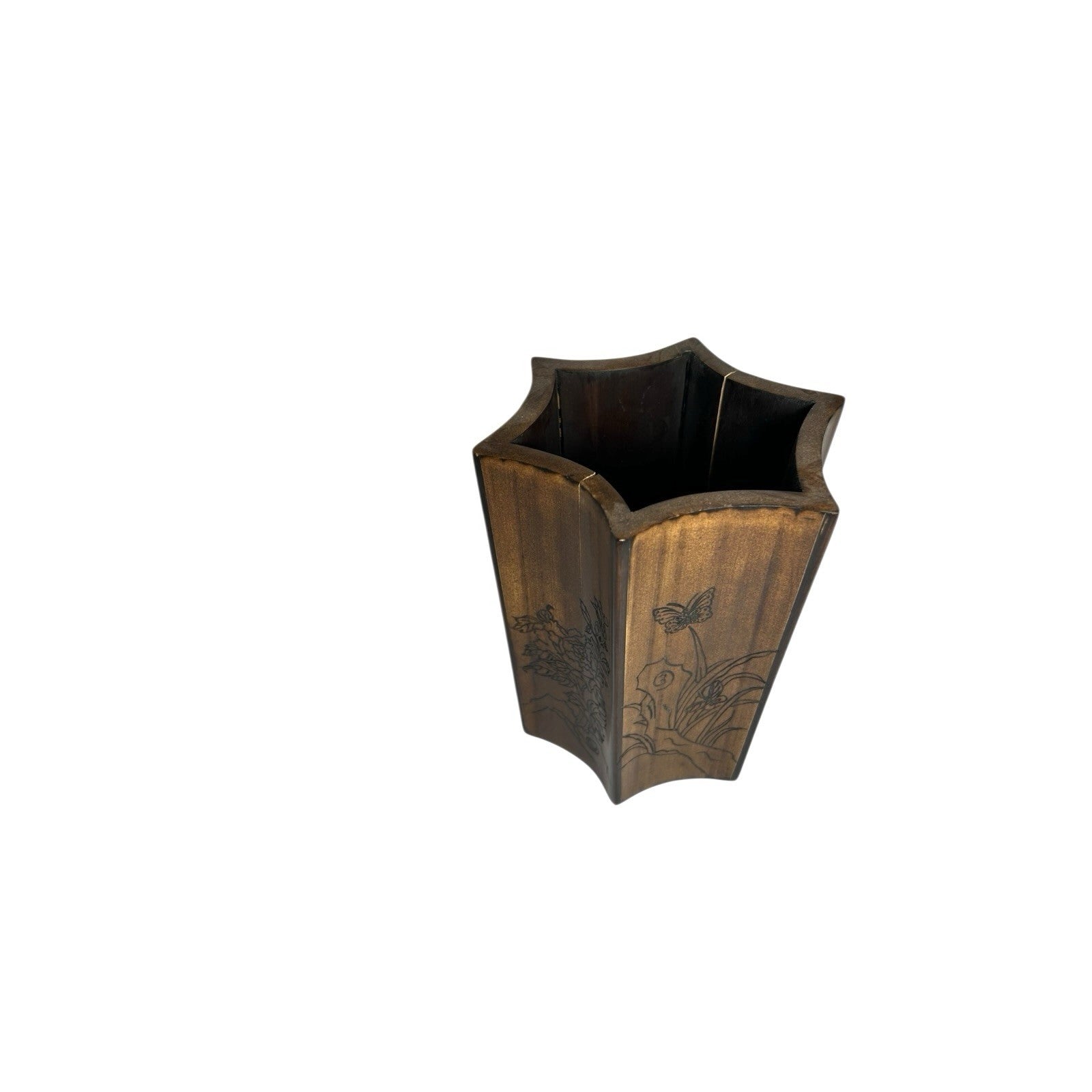 Vintage Chinese  Six Sided Carved Rosewood Brush Pot