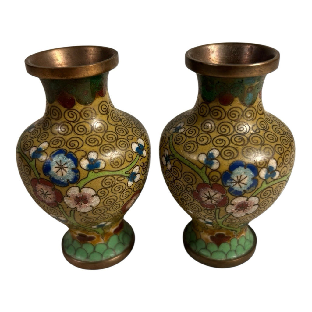 Antique Set of Two Chinese Green Floral Cloisonne Vases