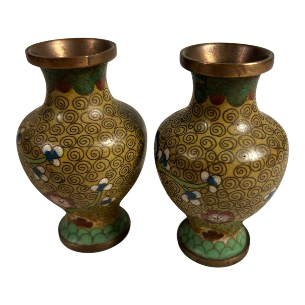 Antique Set of Two Chinese Green Floral Cloisonne Vases