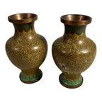 Antique Set of Two Chinese Green Floral Cloisonne Vases