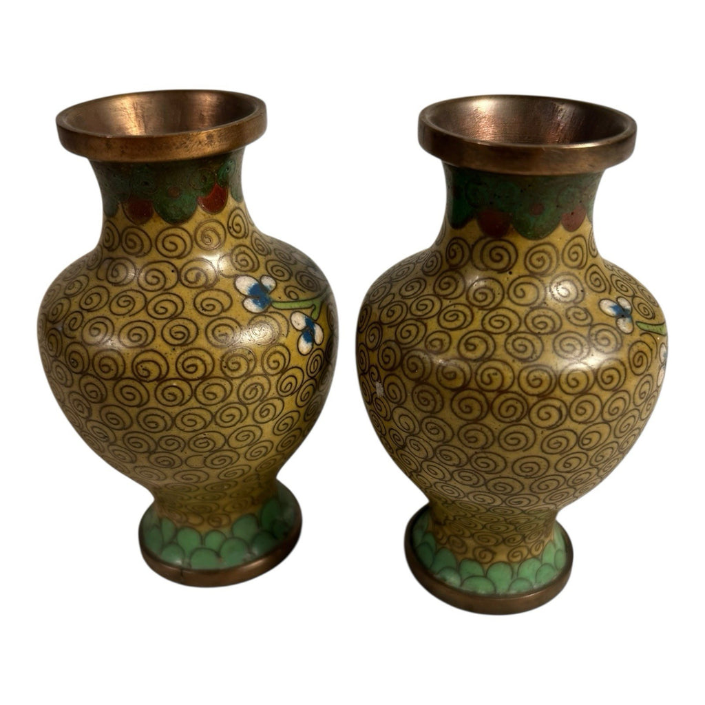 Antique Set of Two Chinese Green Floral Cloisonne Vases
