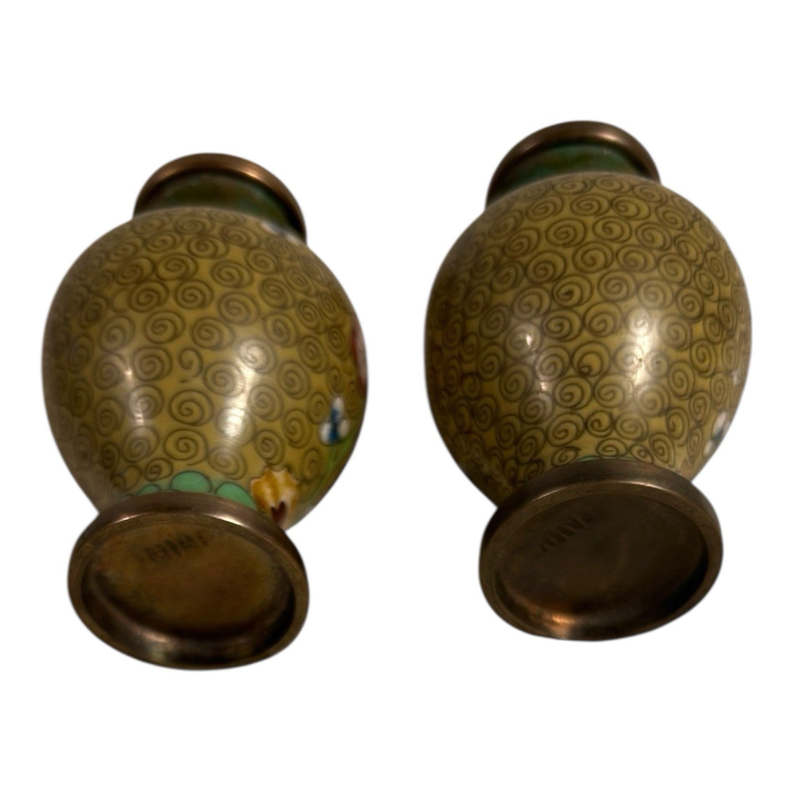 Antique Set of Two Chinese Green Floral Cloisonne Vases