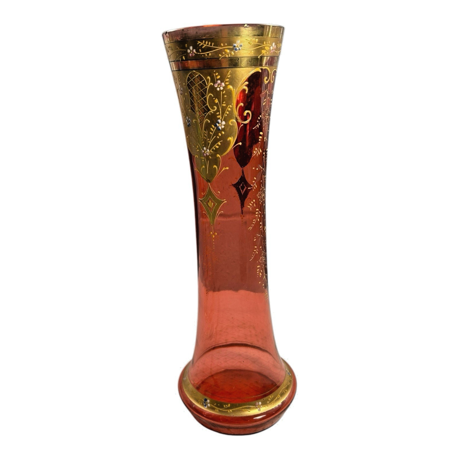 Antique Moser Cranberry Glass Vase with Gold Gilt Enamel Decoration - 13"