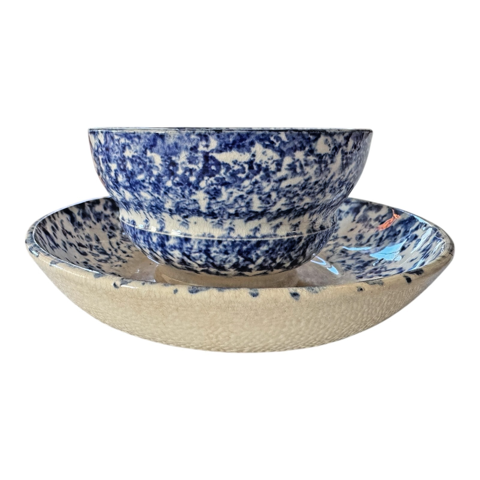 Antique Staffordshire Blue Spatterware Spongeware Teacup & Saucer